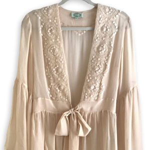 Anthropologie Joolay Silk Self-Tie Flowy Embroidered Blouse Cardigan Size Small